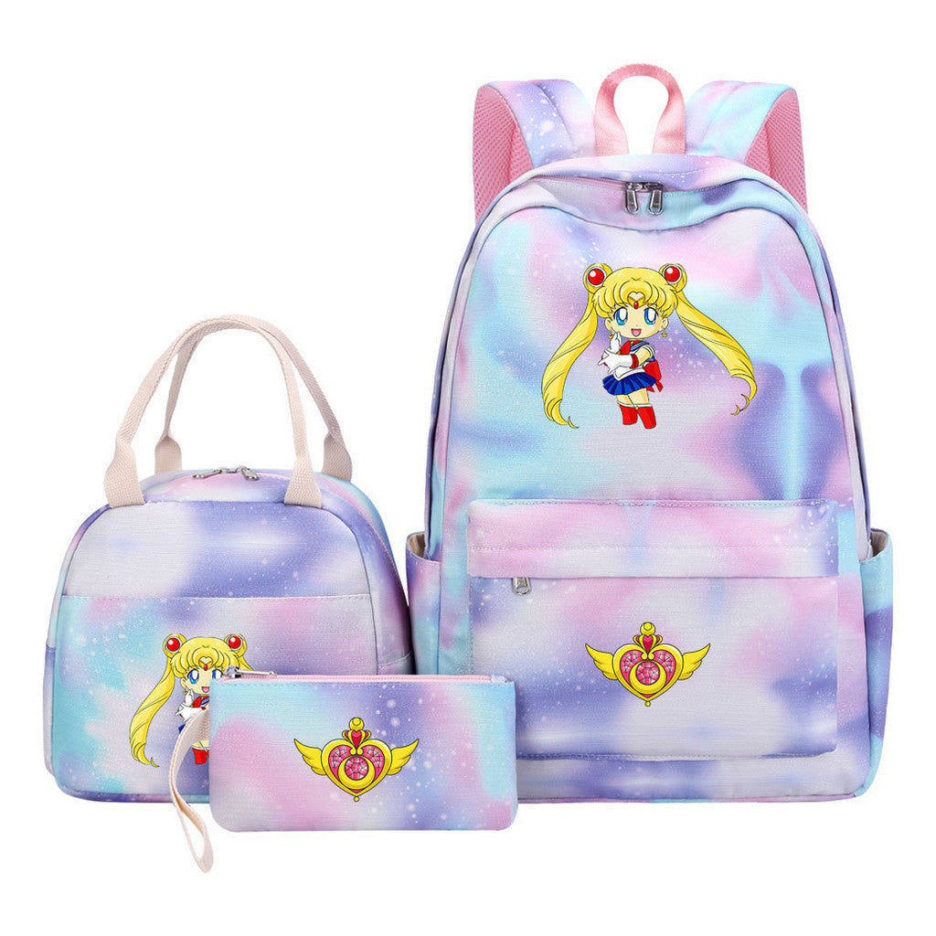 Anime Beauty Girl Warrior Girls School Bag Lunch Bag Three Piece Set Backpack Set