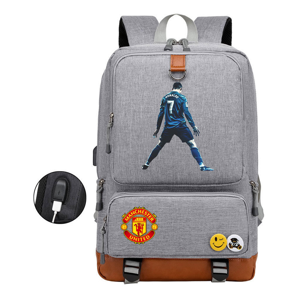 Football Star Cristiano Ronaldo Printed Usb Youth Student Backpack For Leisure Travel Backpack