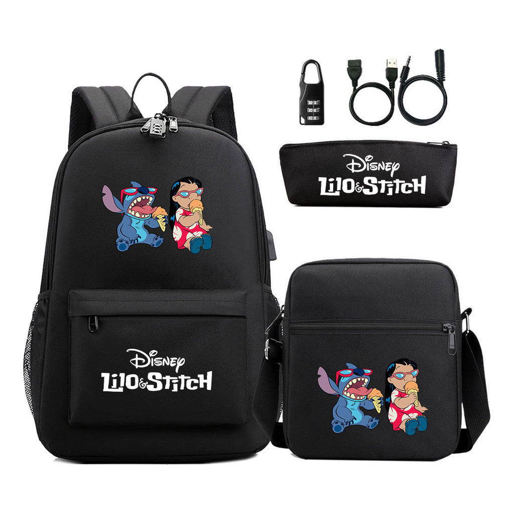 Interstellar Baby Stitch Usb Password Lock Youth Backpack 3-piece Set For Men And Women Backpacks