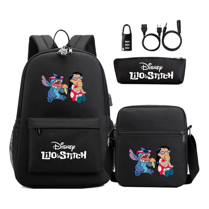 Interstellar Baby Stitch Usb Password Lock Youth Backpack 3-piece Set For Men And Women Backpacks