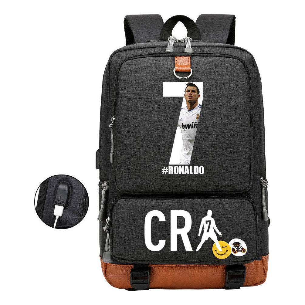 Football Star Cristiano Ronaldo Printed Usb Youth Primary And Secondary School Backpack For Boy And Girl's Leisure Travel Backpack