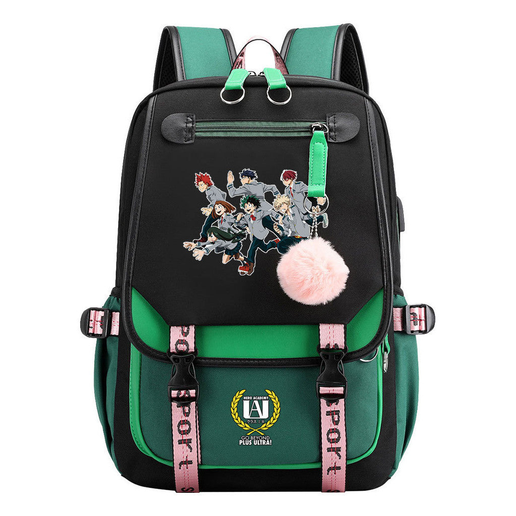 Comics My Heroes Academy Usb Student Backpack Casual Ribbon Flip Backpack