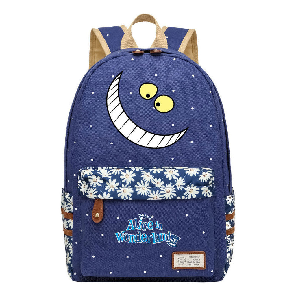 Anime Cartoon Cheshire Cat Print Youth Student Backpack With Floral Casual Backpack