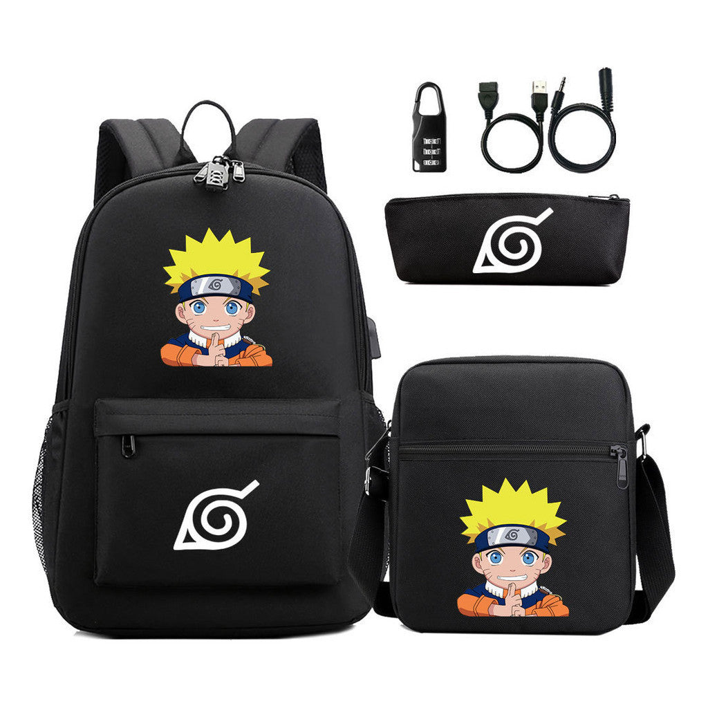 Naruto Usb Password Lock Backpack Three Piece Set For Men And Women Backpack Set