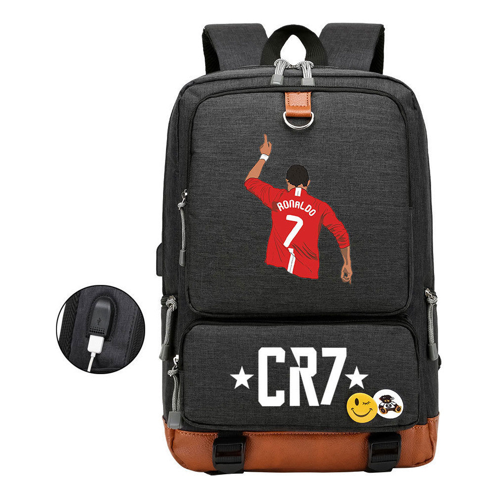 Football Star Cristiano Ronaldo Printed Usb Student Backpack For Leisure Travel Backpack