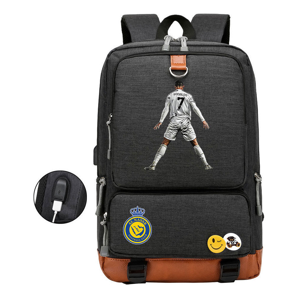 Football Star Cristiano Ronaldo Printed Usb Student Backpack Leisure Travel Backpack