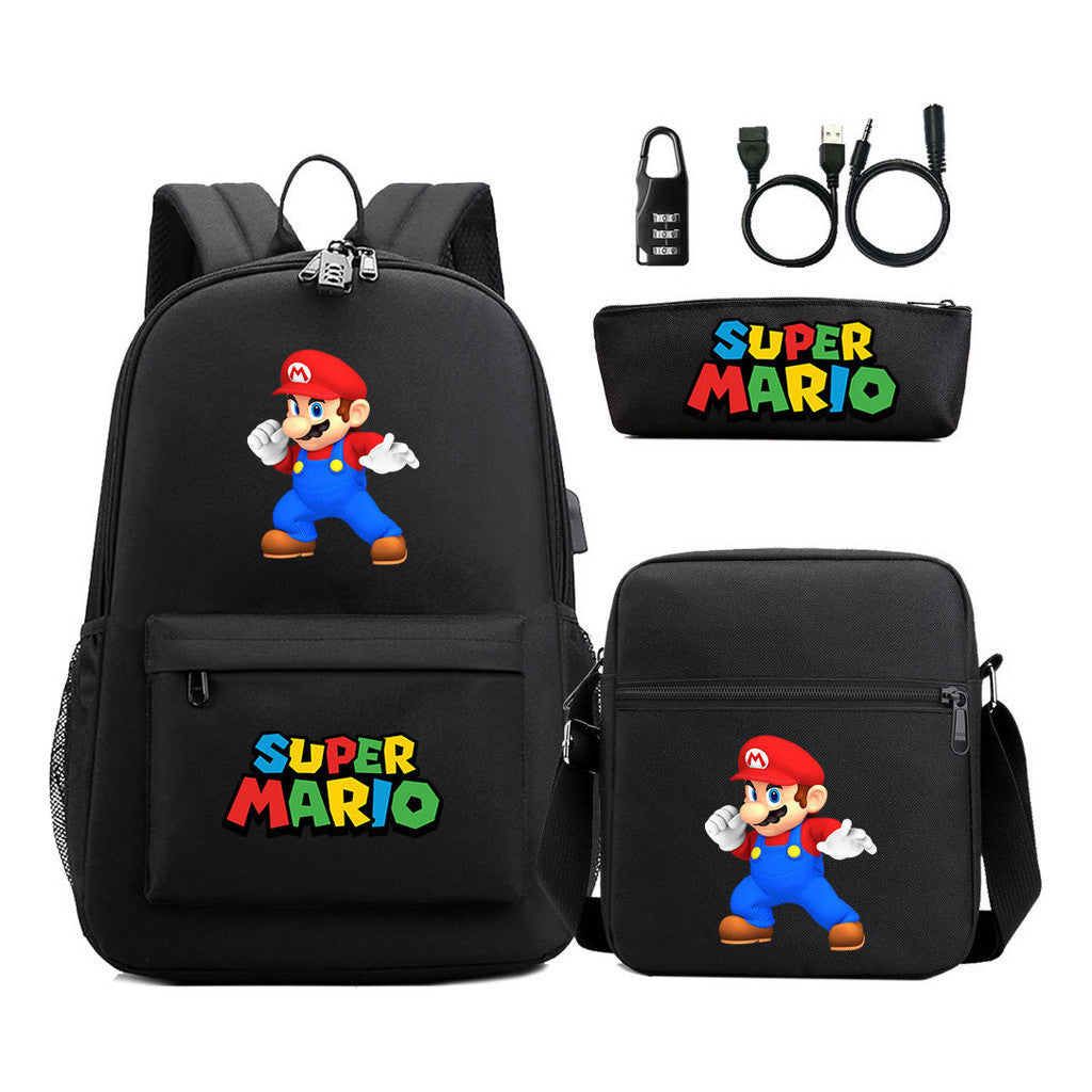 Super Mario Usb Password Lock Youth Student Backpack 3-piece Set For Men And Women Backpacks