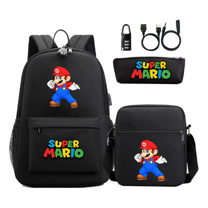Super Mario Usb Password Lock Youth Student Backpack 3-piece Set For Men And Women Backpacks