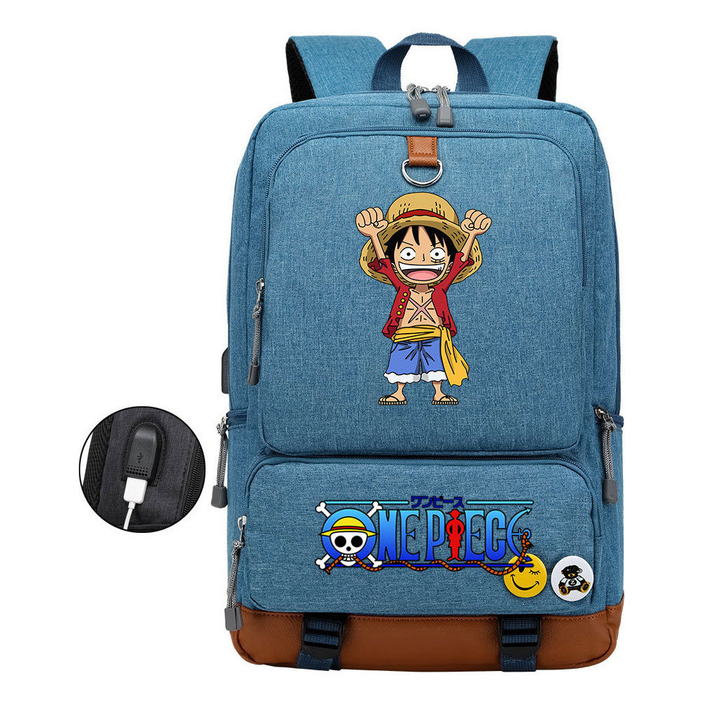 Cartoon Pirate King Print Usb Youth Backpack For Boys And Girls Leisure Travel Backpack