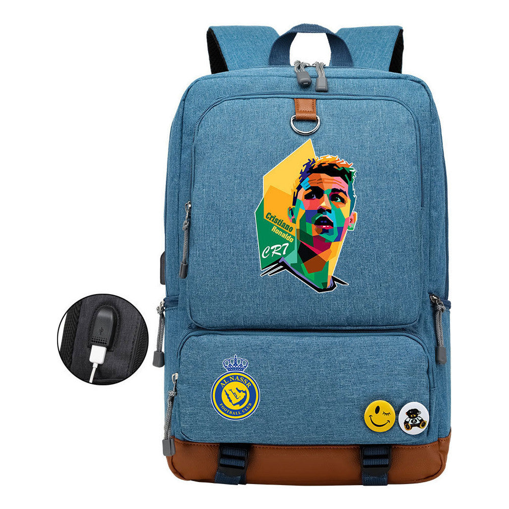Football Star Cristiano Ronaldo Printed Usb Youth Student Backpack For Leisure Travel Backpack