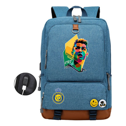 Football Star Cristiano Ronaldo Printed Usb Youth Student Backpack For Leisure Travel Backpack