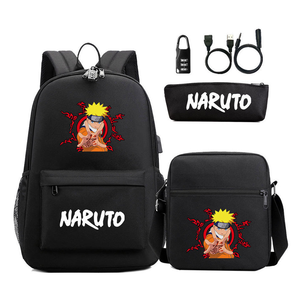 Naruto Usb Password Lock Youth Student Backpack Three Piece Set For Men And Women Backpack Set