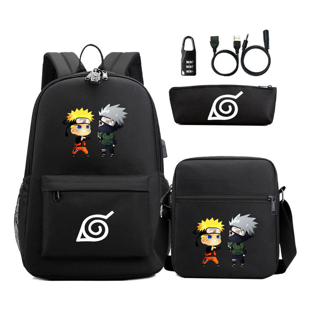 Naruto Usb Password Lock Backpack Three Piece Set For Men And Women Backpack Set