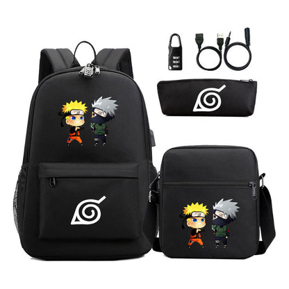 Naruto Usb Password Lock Backpack Three Piece Set For Men And Women Backpack Set