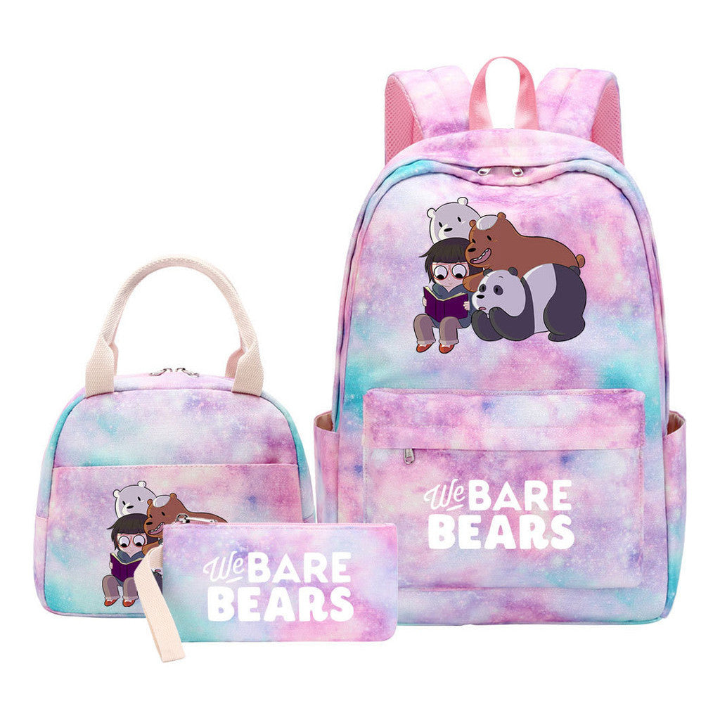 Cartoon Cute Three Bears Youth Student Girls School Bag Lunch Bag Three Piece Set Backpack Set
