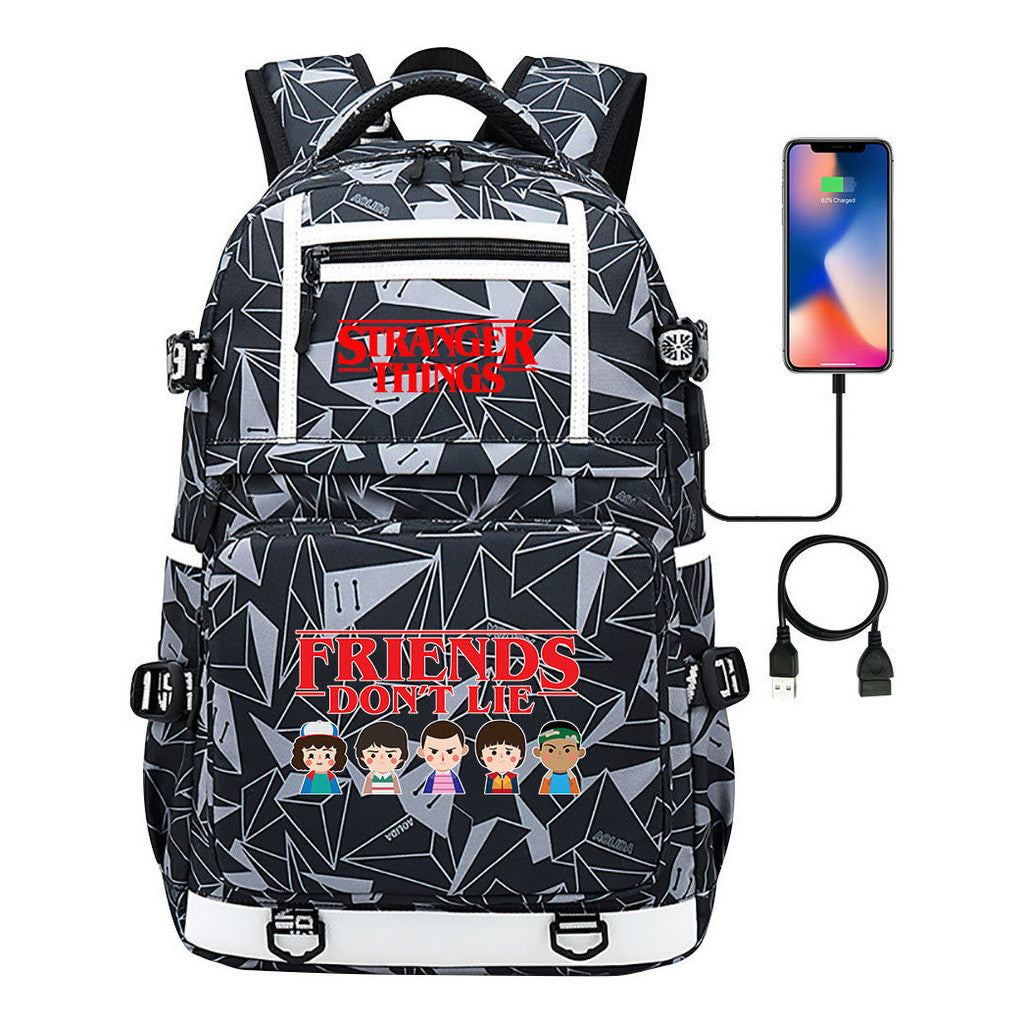 Strange Story Printed Usb Youth Student Backpack For Men And Women's Leisure Travel Backpack
