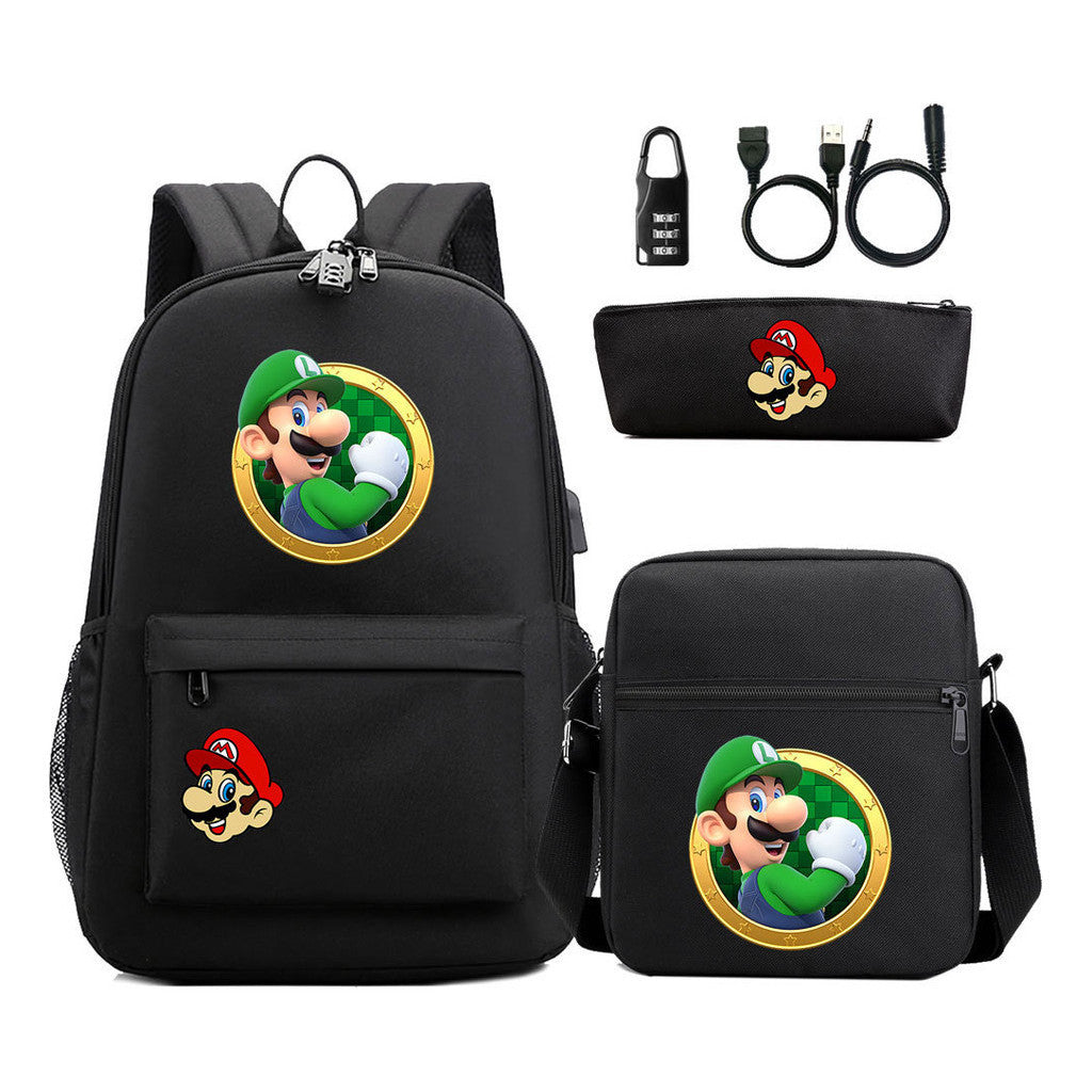 Super Mario Usb Password Lock Youth Student Backpack 3-piece Set For Men And Women Backpacks