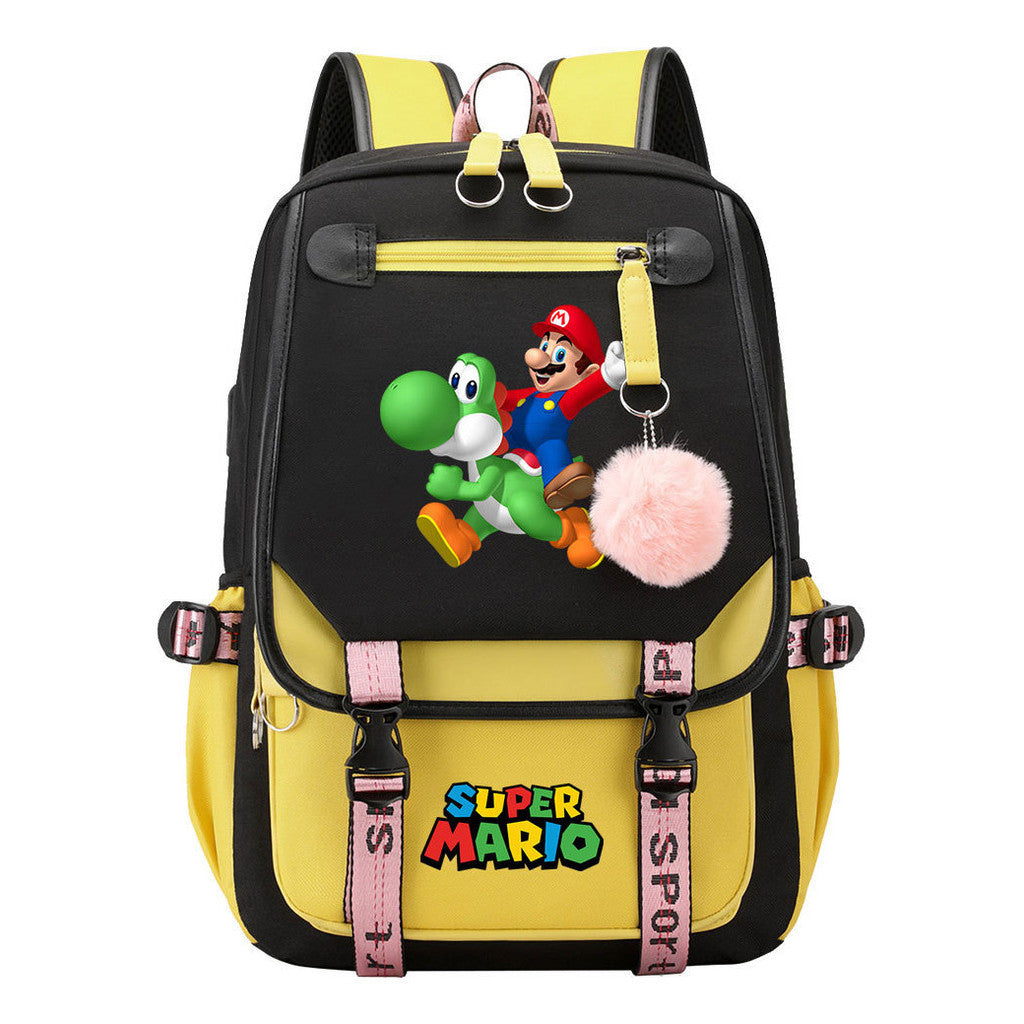 Super Mario Printed Usb Youth Student Backpack For Men And Women With Casual Woven Strap Flap Backpack