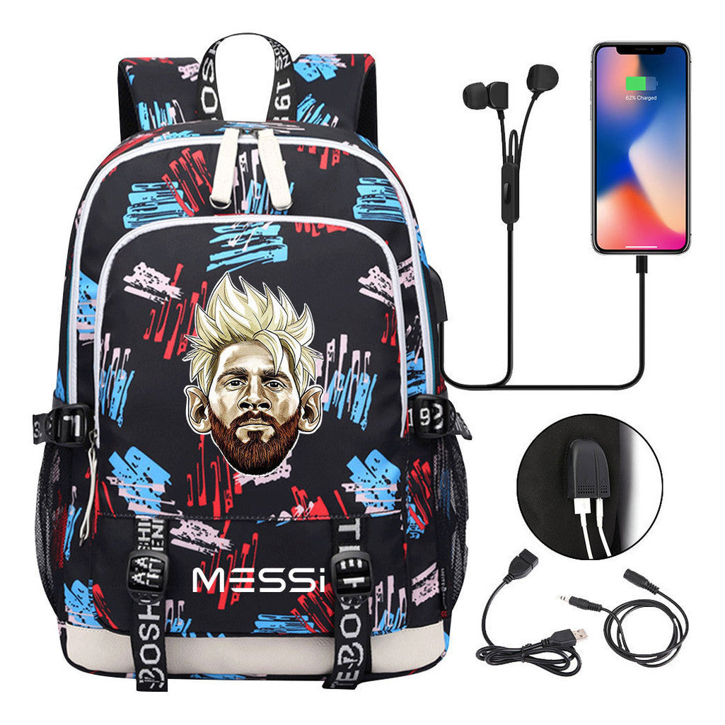 Sports Football Stars, Teenagers, Primary And Secondary School Students, Backpack Usb, Men's And Women's Leisure Backpack