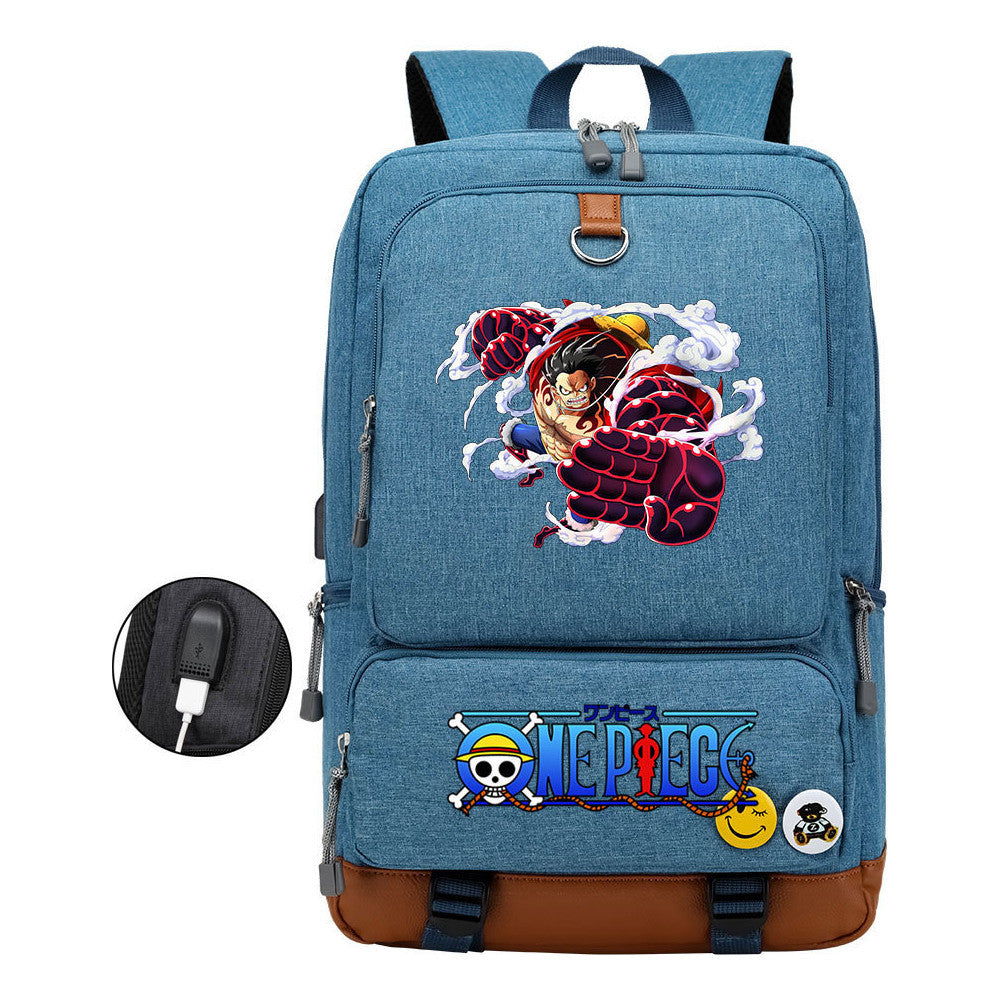 Cartoon Pirate King Print Usb Youth Backpack For Boys And Girls Leisure Travel Backpack