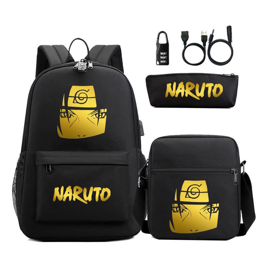 Golden Naruto Usb Password Lock Teenage Student School Bag Three Piece Backpack Set