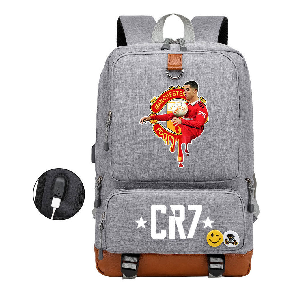Football Star Cristiano Ronaldo Printed Usb Youth Primary And Secondary School Backpack For Boys And Girls Leisure Travel Backpack