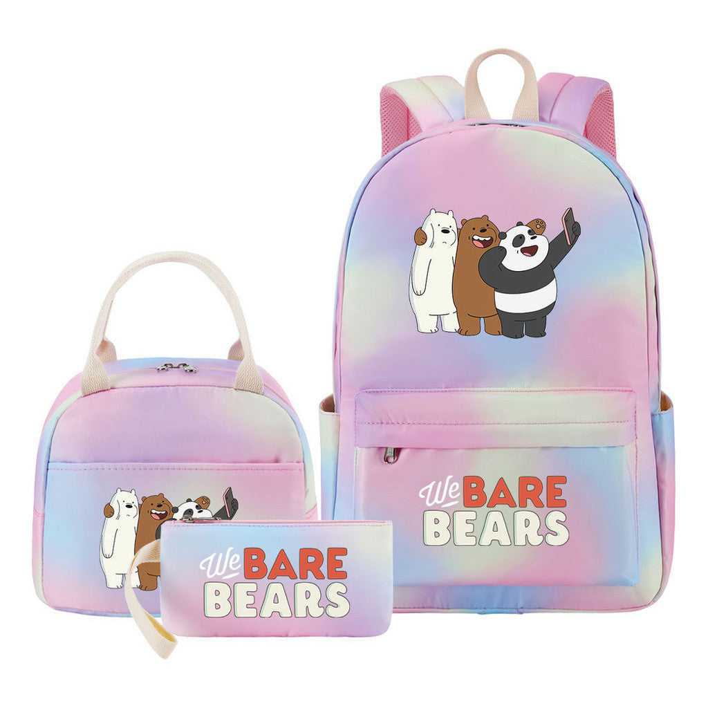 Cartoon Cute Three Bears Youth Student Girls School Bag Lunch Bag Three Piece Set Backpack Set