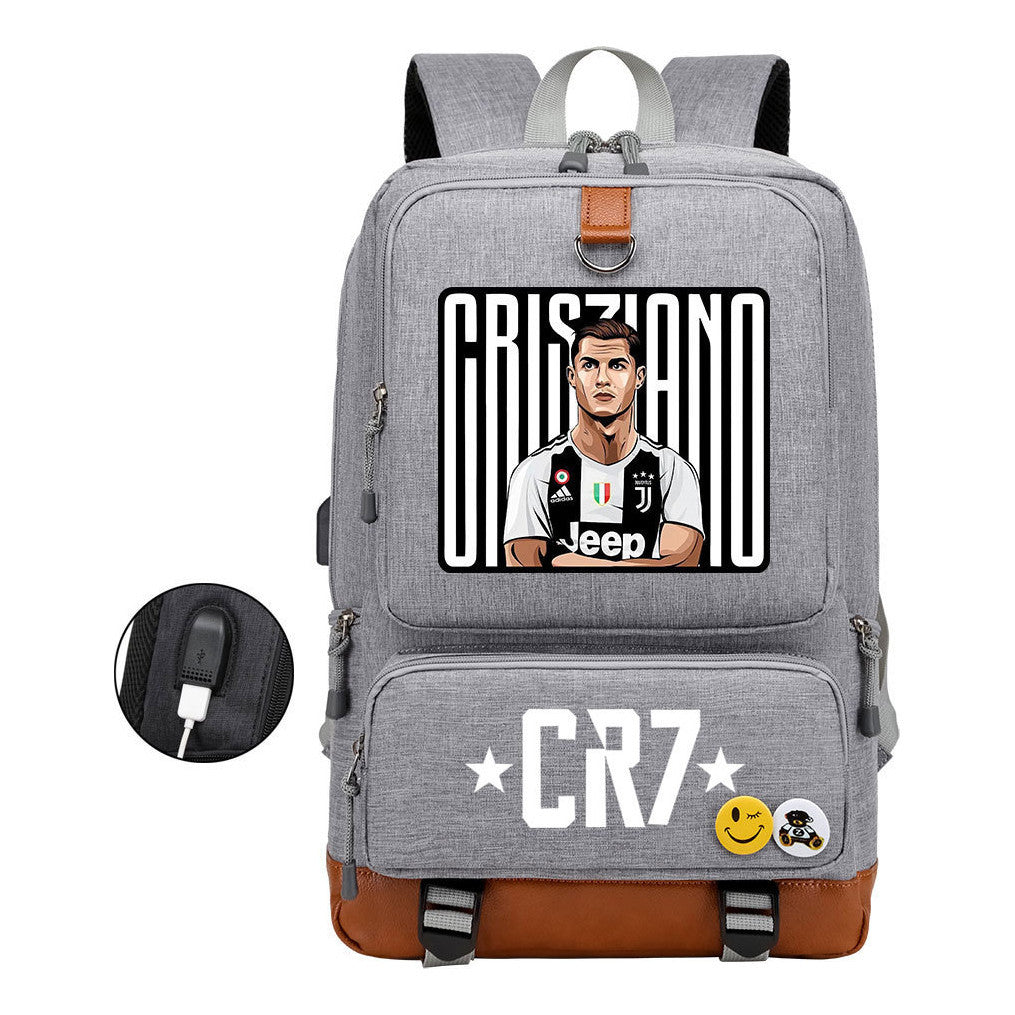 Football Star Cristiano Ronaldo Printed Usb Student Backpack For Leisure Travel Backpack
