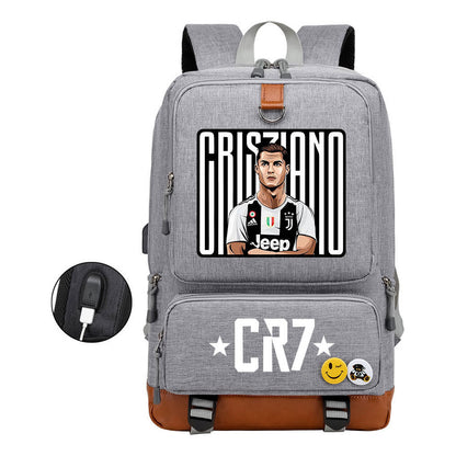 Football Star Cristiano Ronaldo Printed Usb Student Backpack For Leisure Travel Backpack