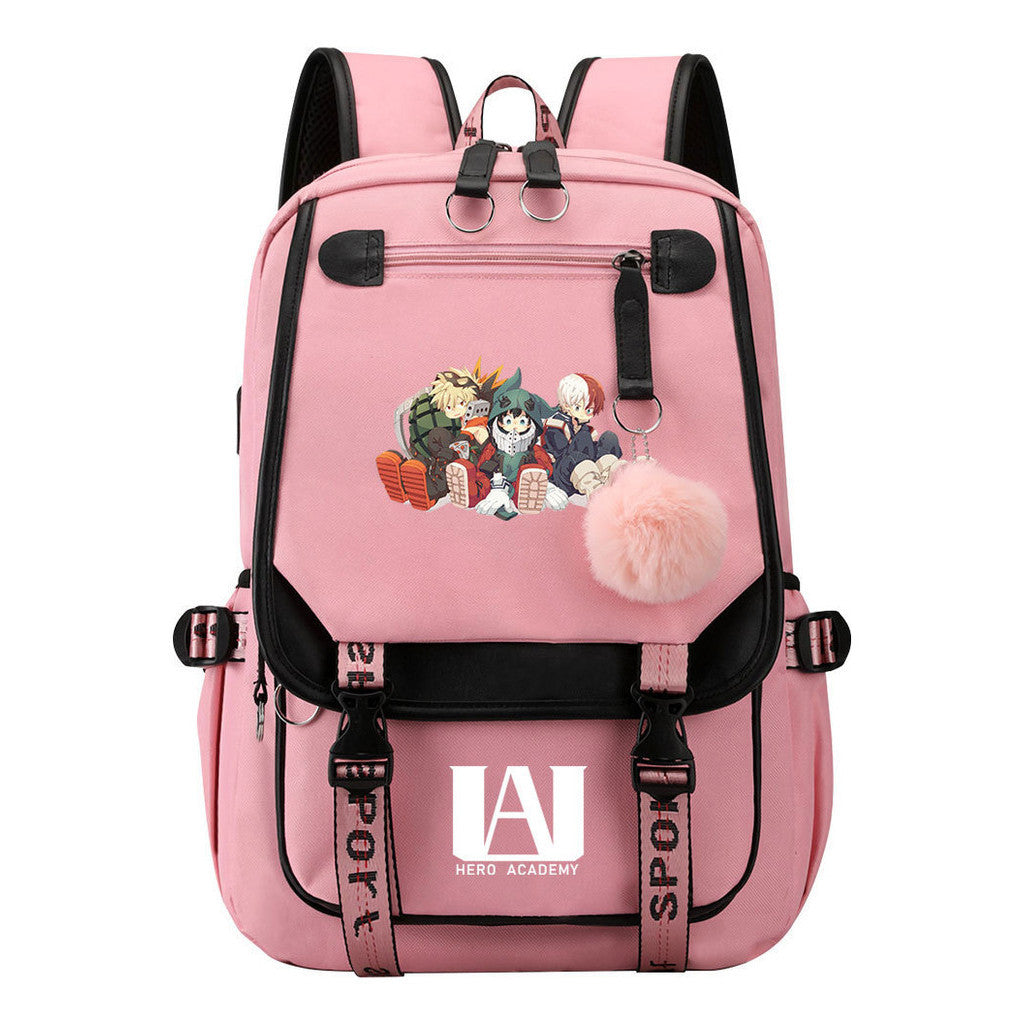 Comics My Heroes Academy Usb Student Backpack Casual Ribbon Flip Backpack