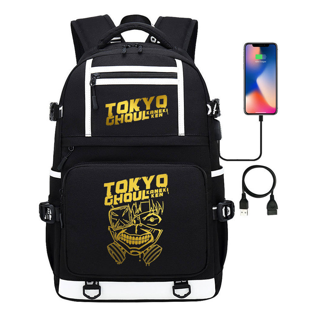 Golden Anime Tokyo Ghoul Print Usb Youth Student Backpack For Men And Women Leisure Travel Backpack