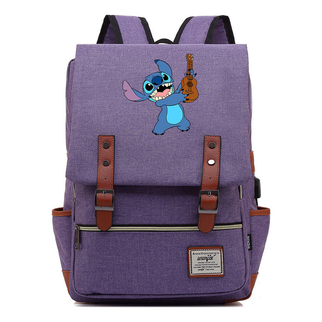 Anime Star Baby Stitch Printed Youth Student Backpack Usb Casual Backpack
