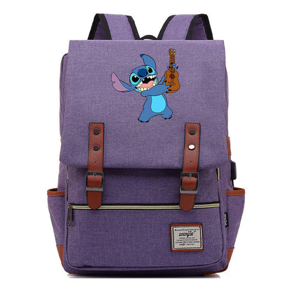 Anime Star Baby Stitch Printed Youth Student Backpack Usb Casual Backpack