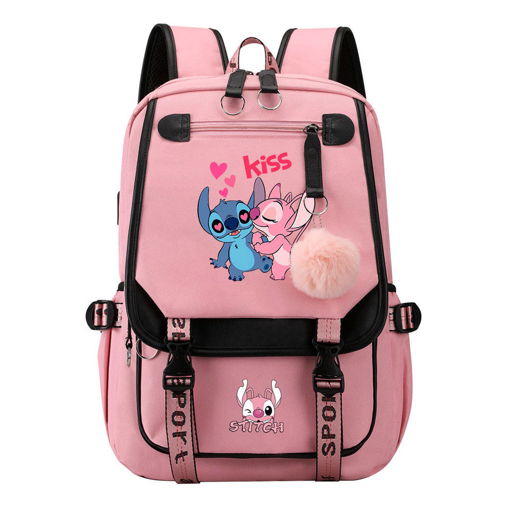 Interstellar Baby Stitch Usb Backpack For Men And Women, Casual Woven Strap Flip Back Backpack