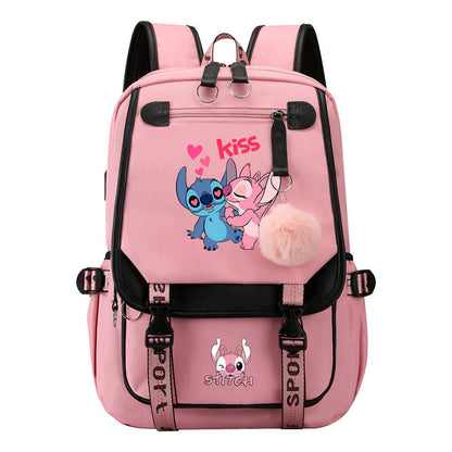 Interstellar Baby Stitch Usb Backpack For Men And Women, Casual Woven Strap Flip Back Backpack