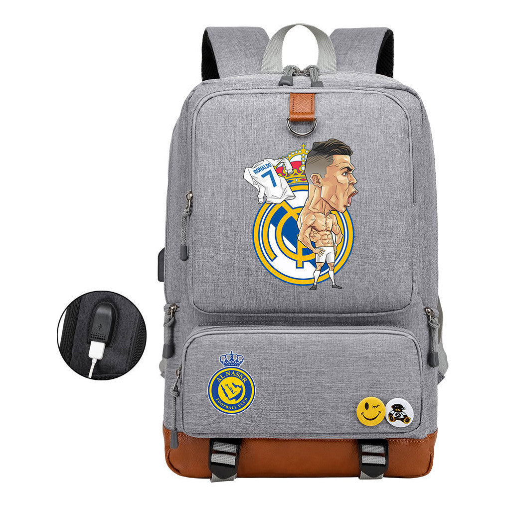 Football Star Cristiano Ronaldo Printed Usb Youth Student Backpack For Leisure Travel Backpack