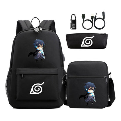 Fashionable Naruto Usb Password Lock Youth Student School Bag Three Piece Backpack Set