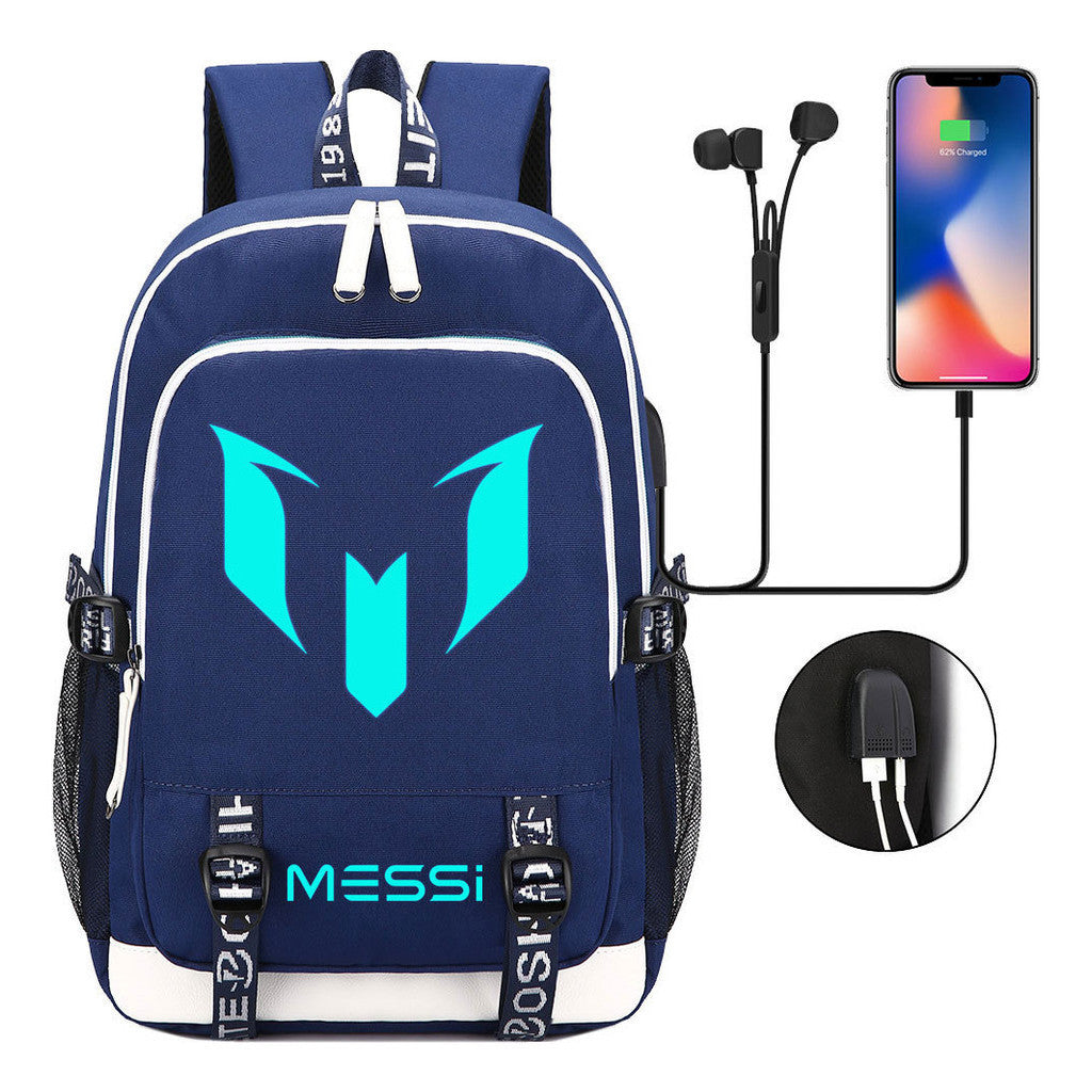 Blue Luminous Sports Football Star Teenagers Schoolbag Usb Leisure Backpack Men And Women