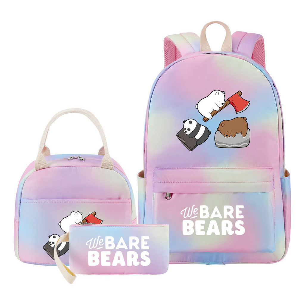 Cartoon Cute Three Bears Youth Student Girls School Bag Lunch Bag Three Piece Set Backpack Set