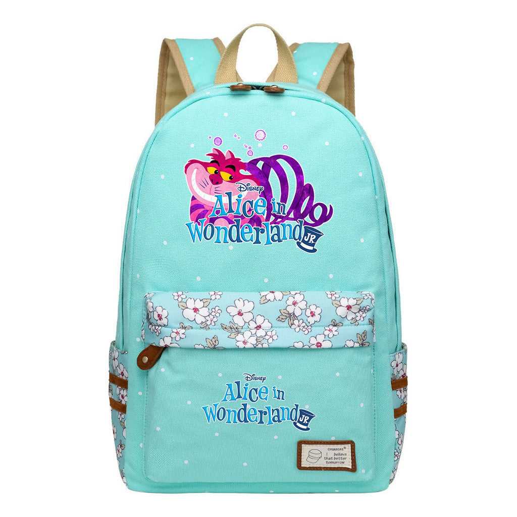 Anime Cartoon Cheshire Cat Print Youth Student Backpack With Floral Casual Backpack