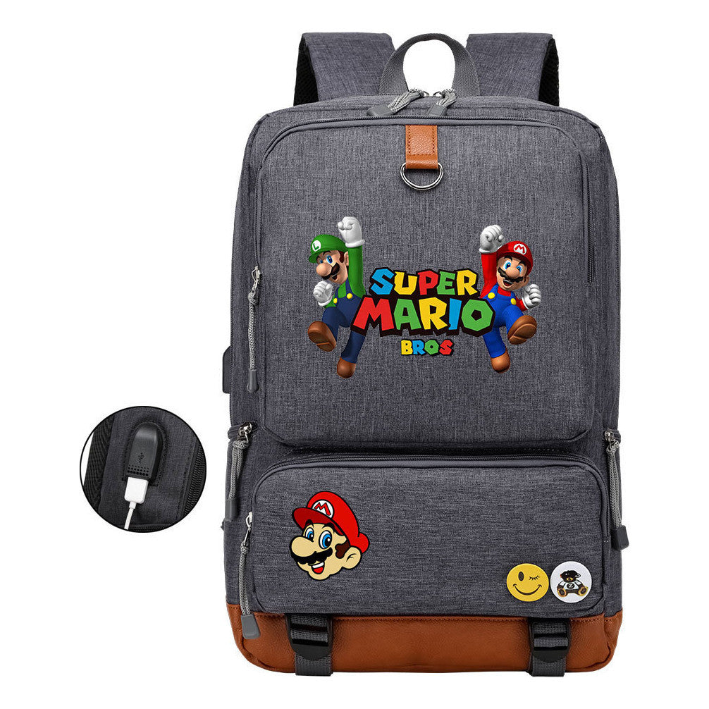 Super Mario Printed Usb Youth Student Backpack For Leisure Travel Backpack