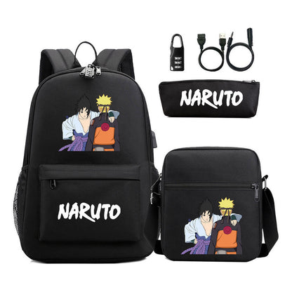 Naruto Usb Password Lock Youth Student Backpack Three Piece Set For Men And Women Backpack Set
