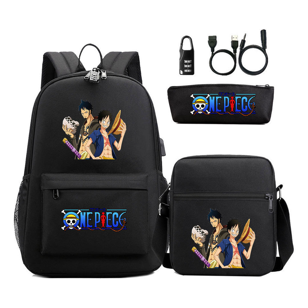 Cartoon Pirate King Usb Password Lock Youth Student Backpack Three Piece Set Backpack