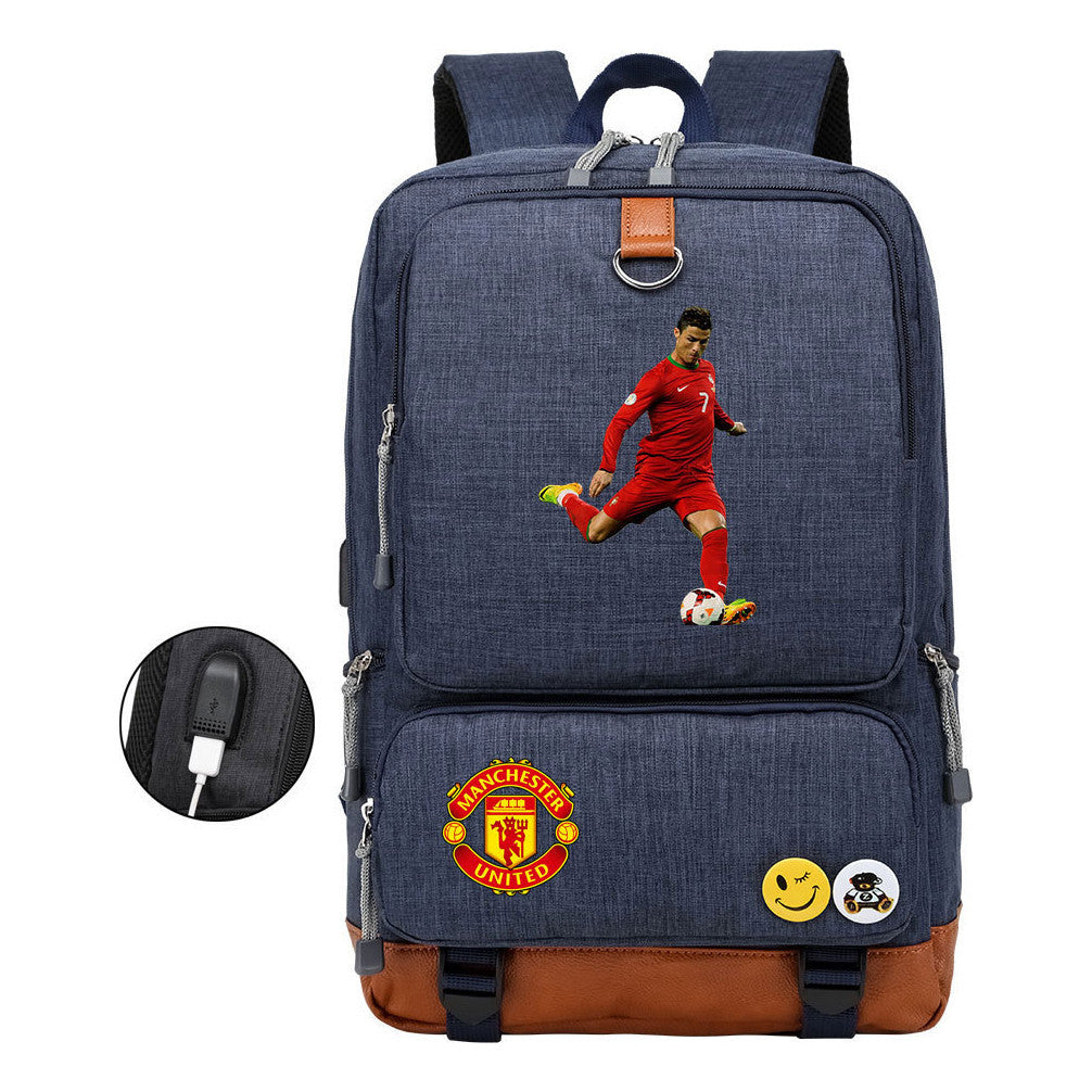 Football Star Cristiano Ronaldo Printed Usb Youth Student Backpack For Boys And Girls Leisure Travel Backpack