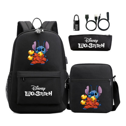 Interstellar Baby Stitch Usb Password Lock Youth Backpack 3-piece Set For Men And Women Backpacks