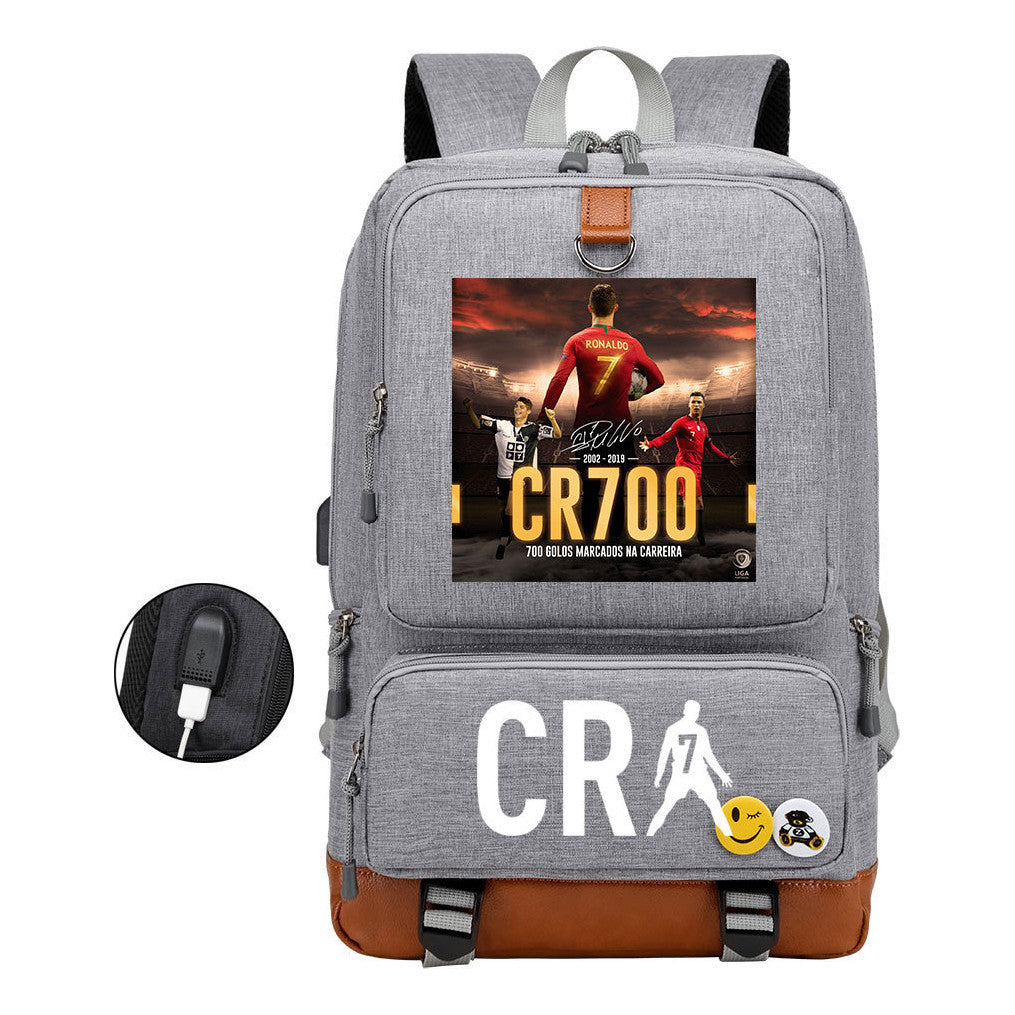 Football Star Cristiano Ronaldo Printed Usb Student Backpack For Leisure Travel Backpack