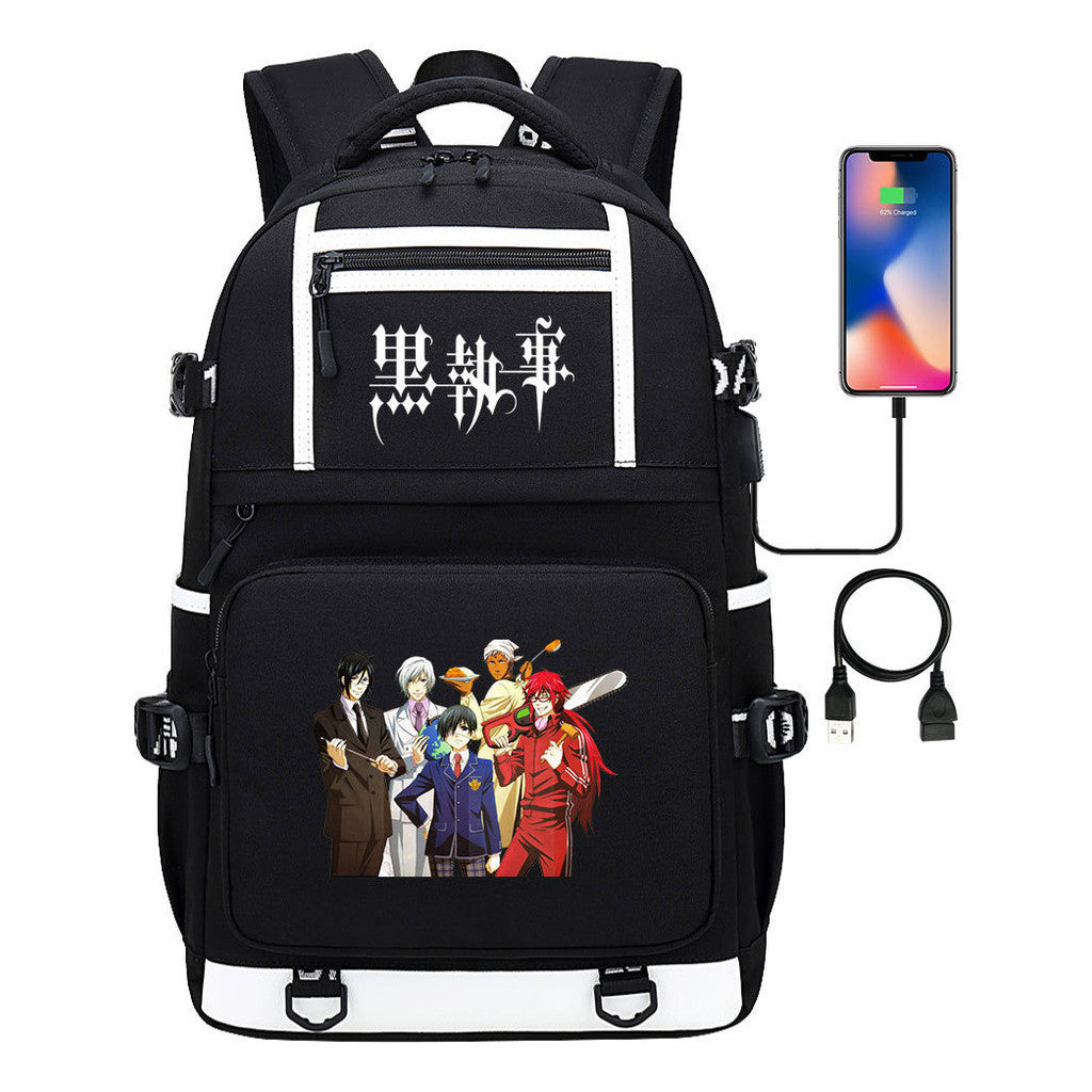 Manga Black Deacon Black Butler Printed Usb Youth Student Backpack Men's And Women's Leisure Travel Backpack