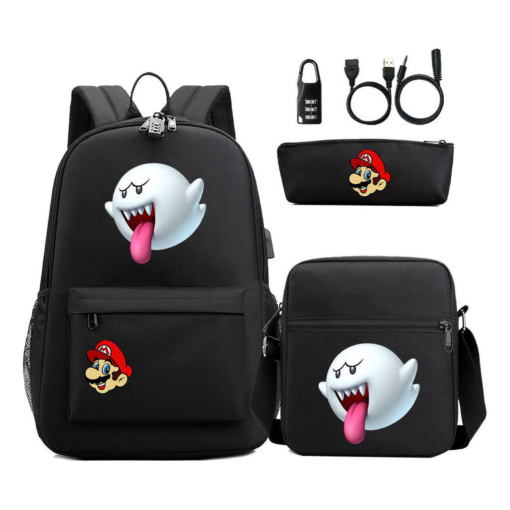 Super Mario Usb Password Lock Youth Student Backpack 3-piece Set For Men And Women Backpacks