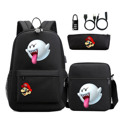 Super Mario Usb Password Lock Youth Student Backpack 3-piece Set For Men And Women Backpacks