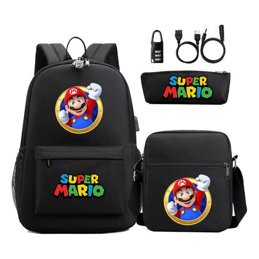 Super Mario Usb Password Lock Youth Student Backpack 3-piece Set For Men And Women Backpacks